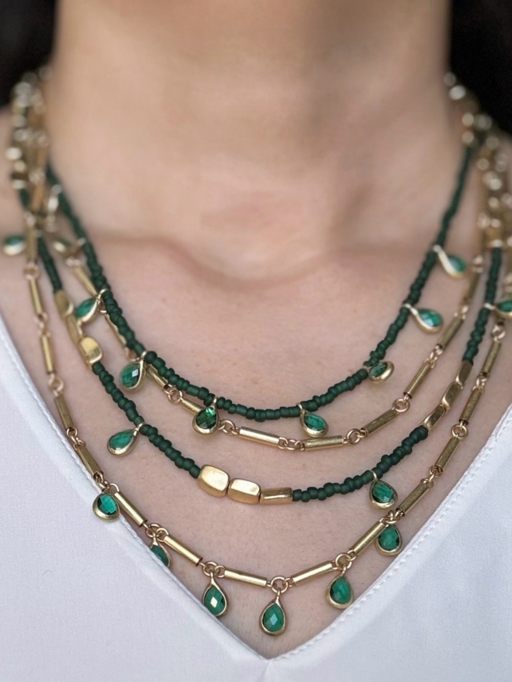 Julia Gold Emerald Green Glass Teardrop Multi Strand Layered Statement Necklace